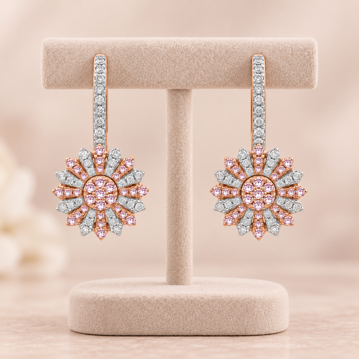 Both rose gold floral Argyle pink and white diamond drop earrings front-facing on a jewellery stand, SKU 961553-A-FNP