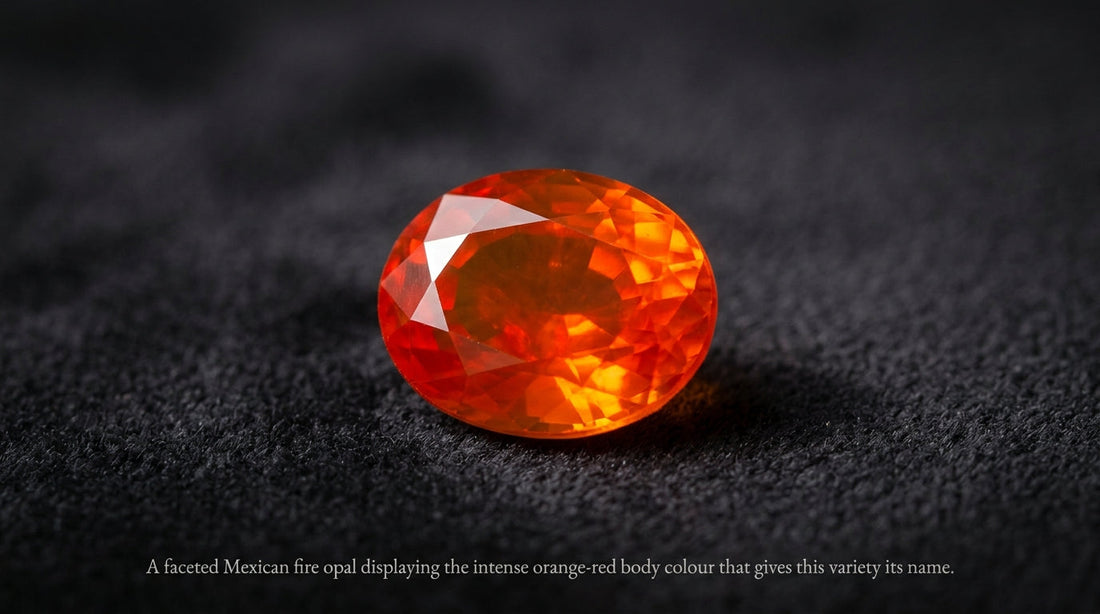 A faceted Mexican fire opal displaying the intense orange-red body colour that gives this variety its name