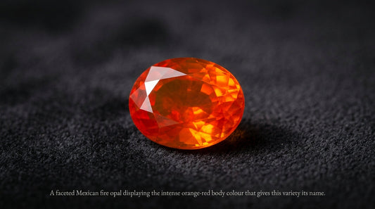 A faceted Mexican fire opal displaying the intense orange-red body colour that gives this variety its name