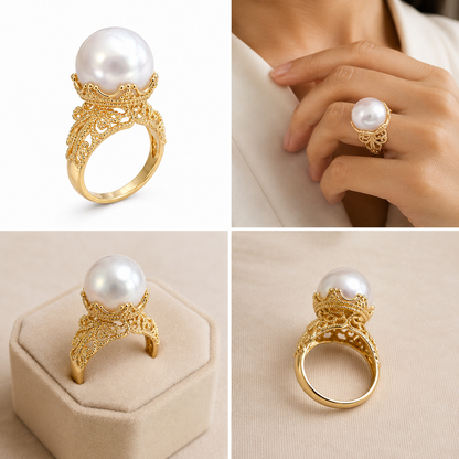 White South Sea Pearl Ring set in 14K Yellow Gold AAA 14mm–15.5mm 240353