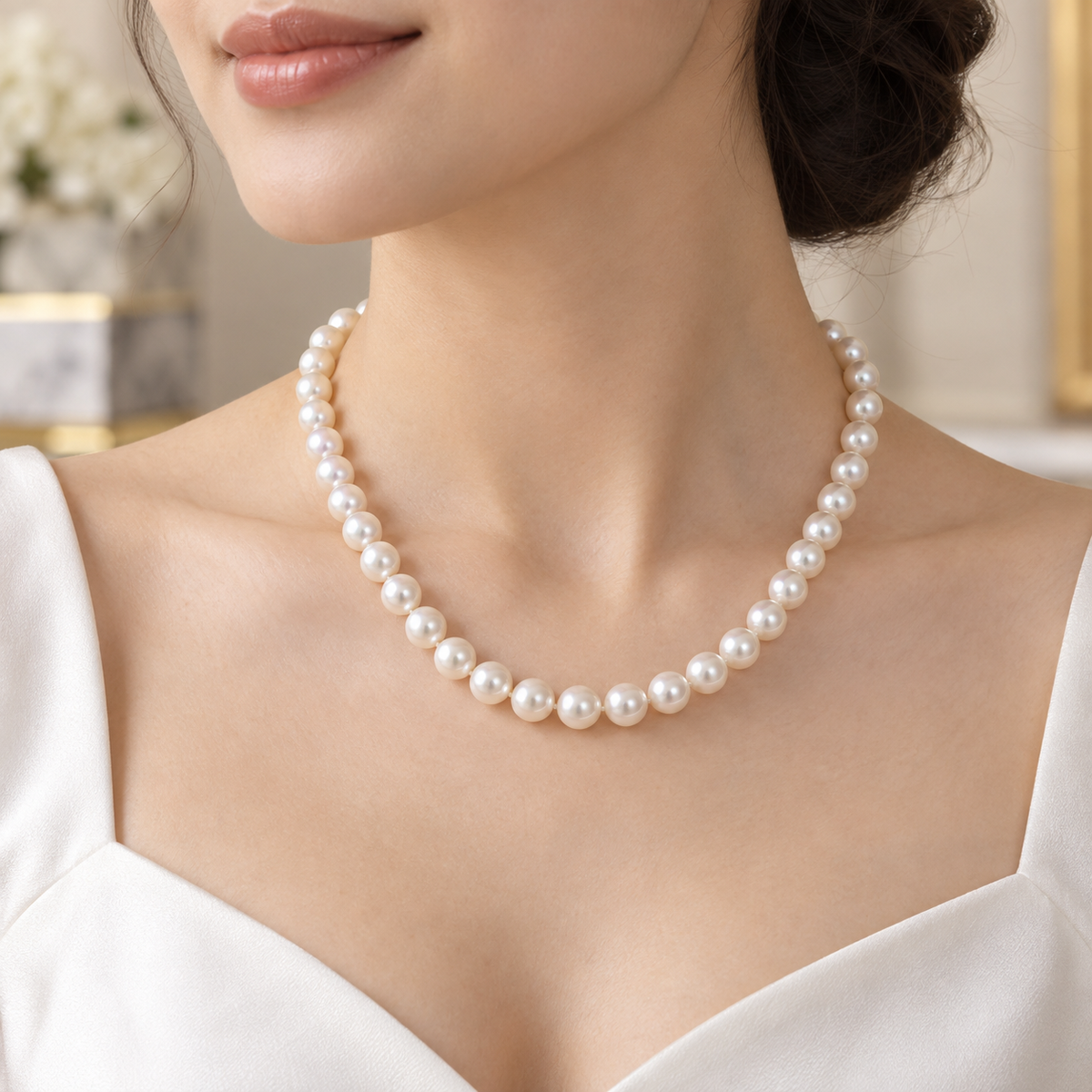 Akoya pearl strand 8–9mm 240368 worn by a model