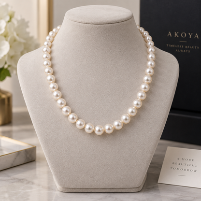 Akoya pearl strand 8–9mm 240368 on a jewellery display stand