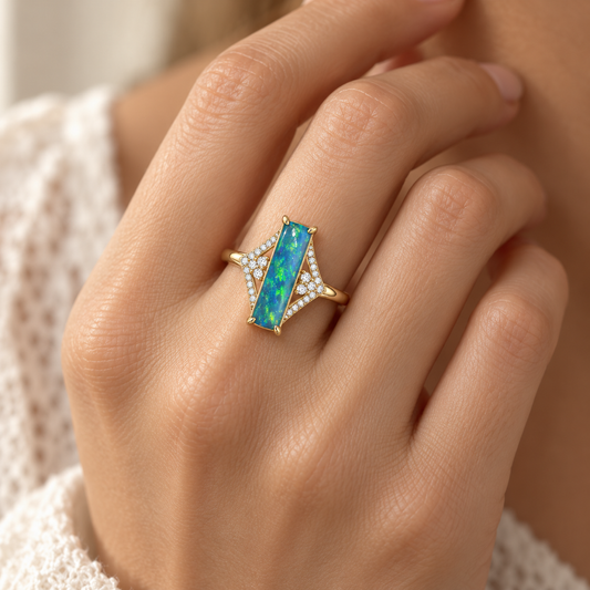 14K Yellow Gold Ring Black Opal 1.48CT Diamond 0.22CT 256096