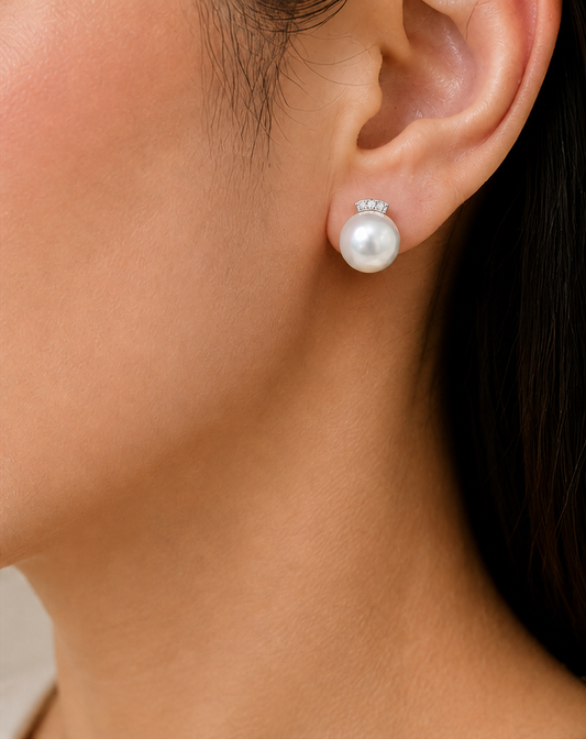 18K White Gold Earrings White South Sea Pearl 11.50mm–12.00mm Diamond 0.02CT 256198