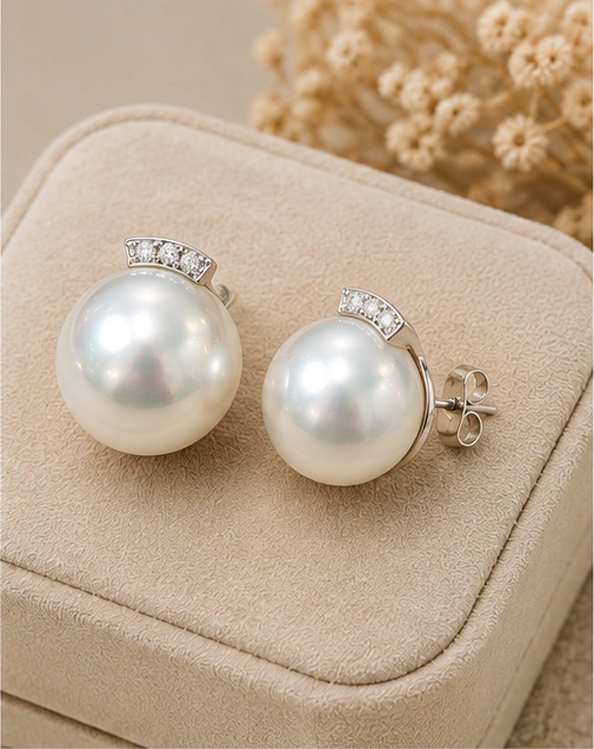 18K White Gold Earrings White South Sea Pearl 11.50mm–12.00mm Diamond 0.02CT 256198
