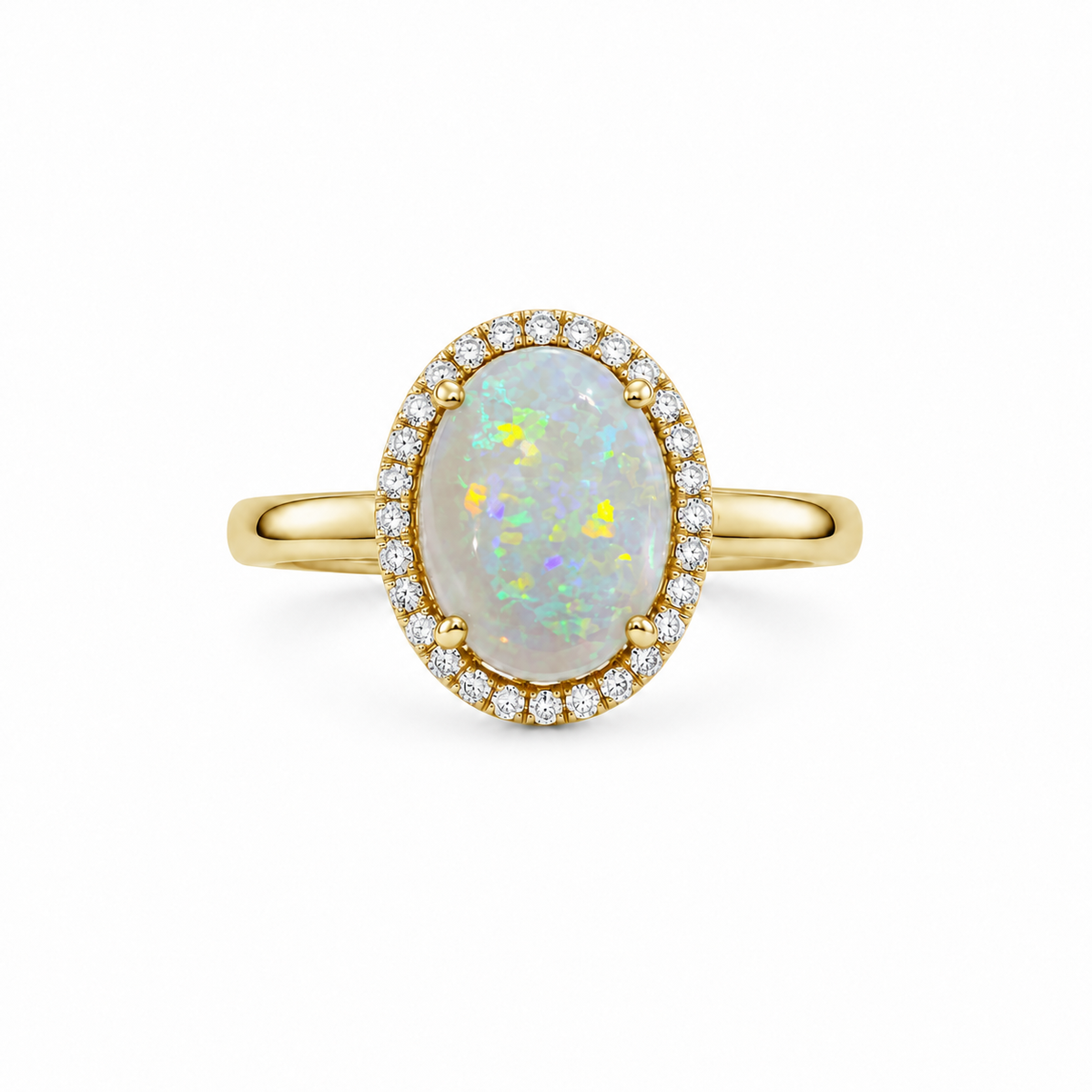 18K Yellow Gold Ring Crystal Opal 1.2CT Diamond 0.19CT