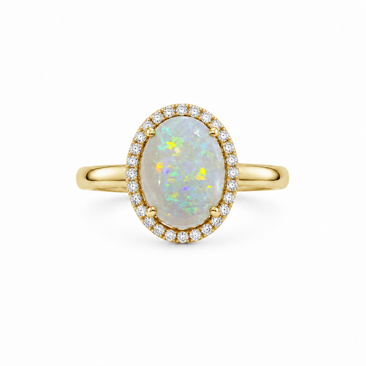 18K Yellow Gold Ring Crystal Opal 1.2CT Diamond 0.19CT