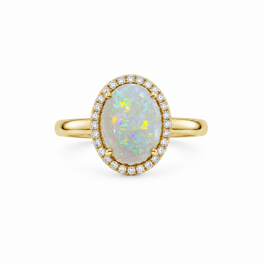18K Yellow Gold Ring Crystal Opal 1.2CT Diamond 0.19CT