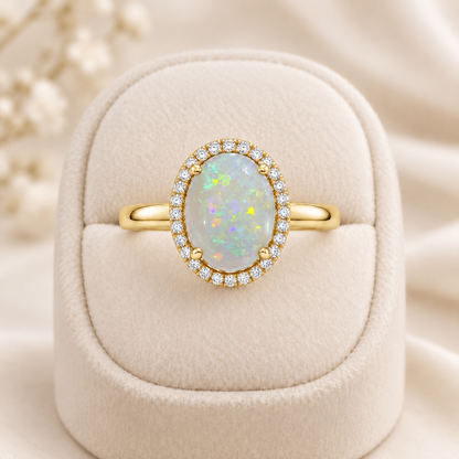 18K Yellow Gold Ring Crystal Opal 1.2CT Diamond 0.19CT