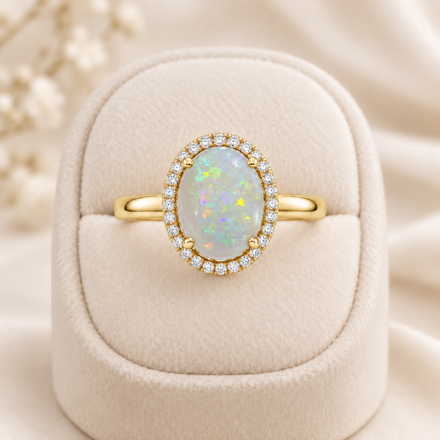 18K Yellow Gold Ring Crystal Opal 1.2CT Diamond 0.19CT