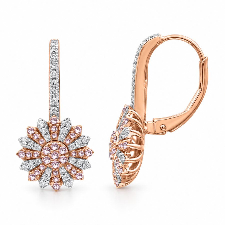 Rose gold Argyle pink and white diamond floral drop earrings, studio front and side views, SKU 961553-A-FNP