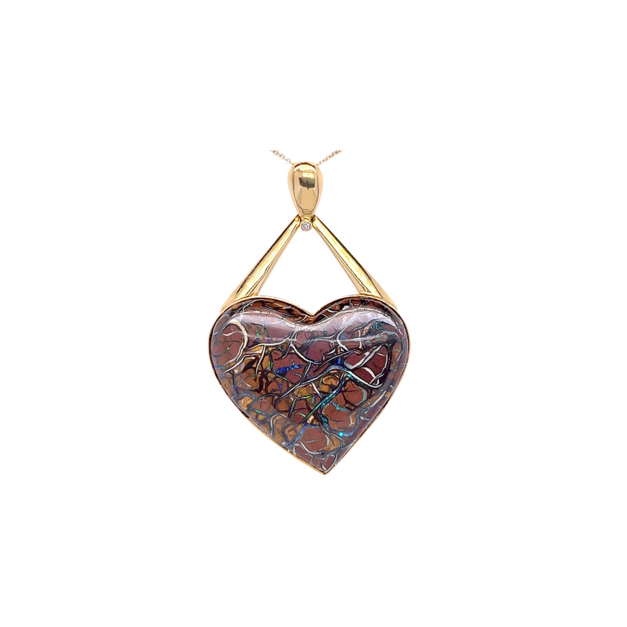 14K Yellow Gold Boulder Opal Heart Pendant - "Lustra"