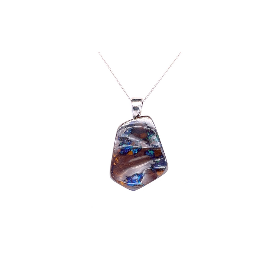 14K White Gold Boulder Opal Pendant - "Stone Sculpt"