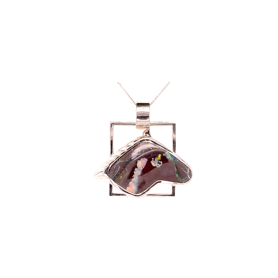 14K White Gold Boulder Opal Pendant - "Mustang"