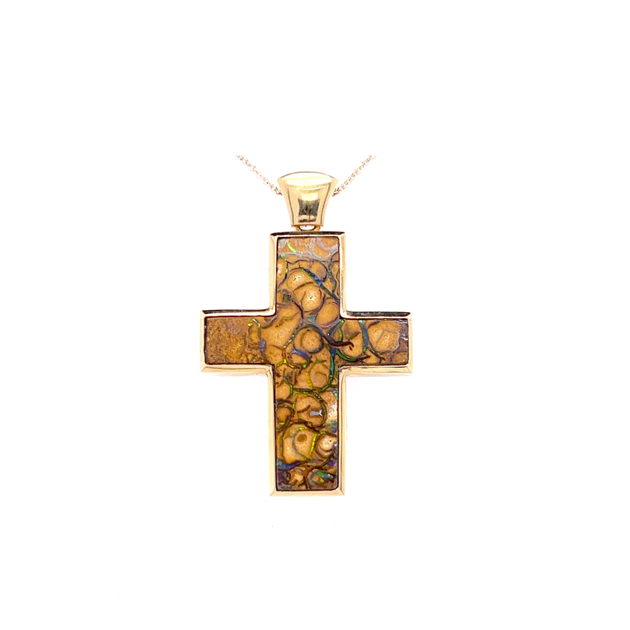 14K Yellow Gold Boulder Opal Cross - "Earthscape"