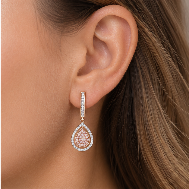 Radiant Drops 14K rose gold Argyle pink diamond earrings worn on ear